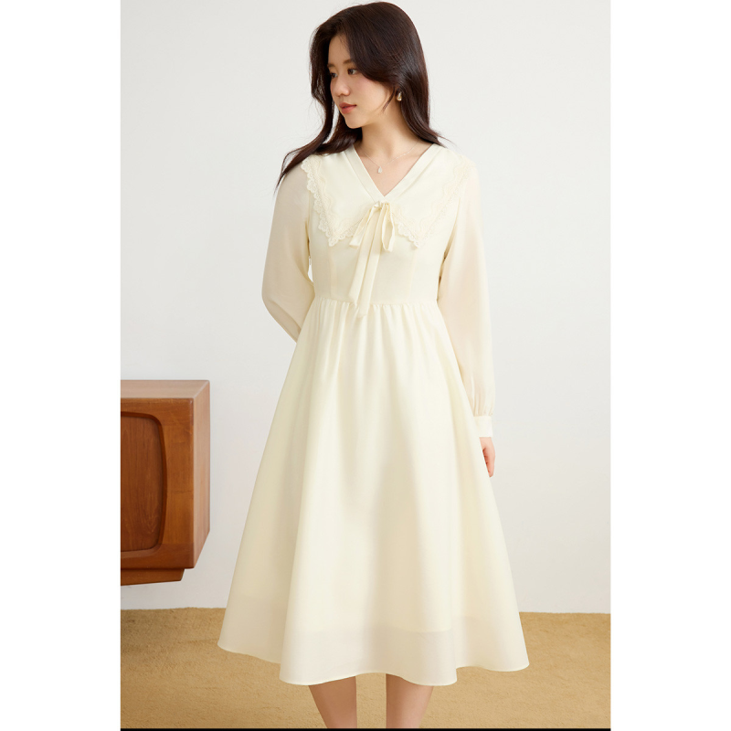 独束大码法式茶歇娃娃领连衣裙2025春季收腰显瘦遮肉a字长裙