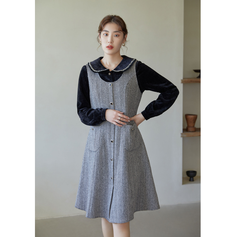 独束大码女装复古气质马甲内搭背心裙春秋胖MM显瘦毛呢连衣裙