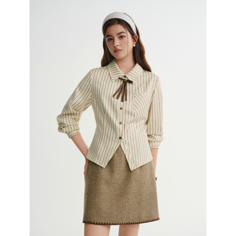 独束大码女装【可可千层】复古学院风咖条纹衬衫2025冬季通勤上衣