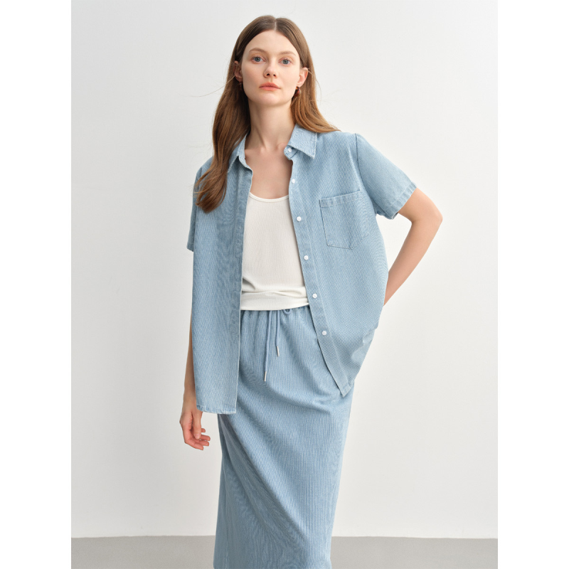 独束大码女装夏季松弛感竖条纹短袖衬衫女时尚减龄上衣