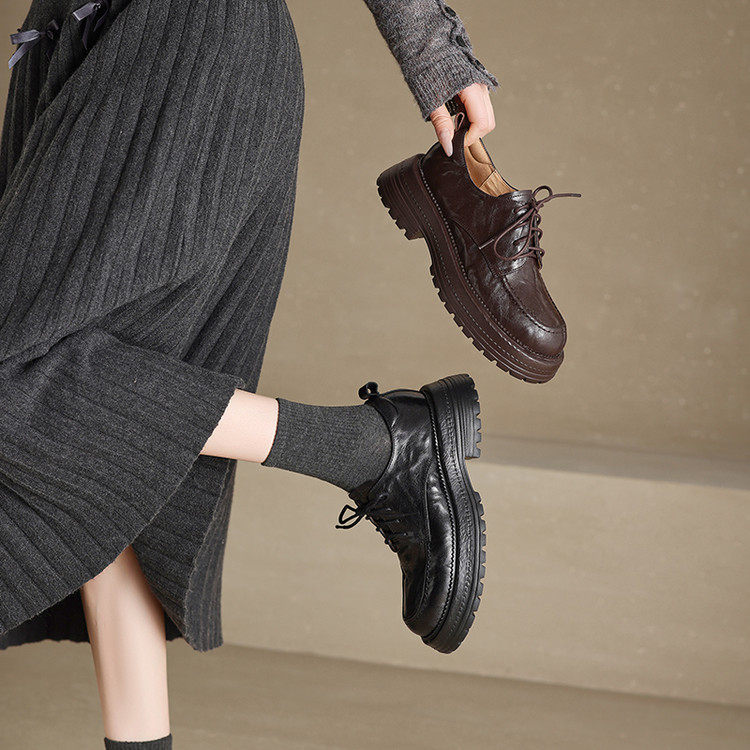 英伦风厚底德比鞋女2026新款真皮系带松糕底单鞋棕色小皮鞋粗跟
