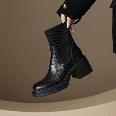 2025新款法式真皮复古圆头短靴