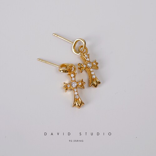 潮925纯银镀金22k镶钻周扬青耳钉