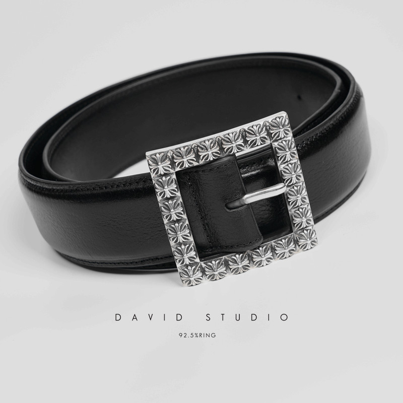 david  定制S925纯银方块十字架男款针扣进口牛皮皮带 裤腰带