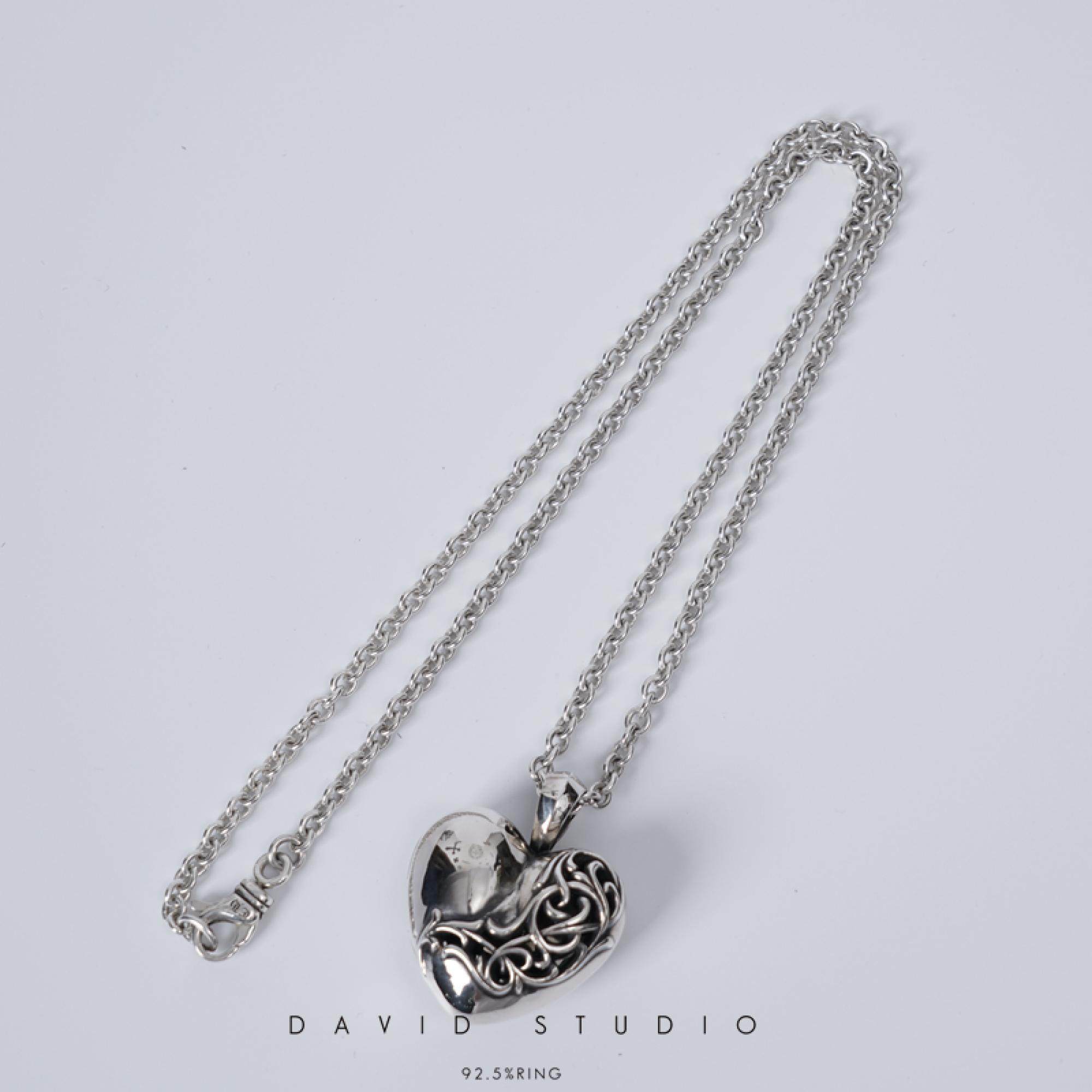 David studio925纯银爱心可放照片吊坠环形刻字项链情侣送人