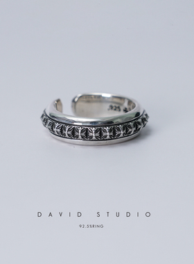 David studio925纯银十字架开口尾戒 情侣窄款十字戒指GD同款