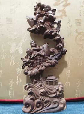 正宗白棋楠沉香木雕鲤鱼跃龙门摆件年年有鱼创意装饰品中式居家
