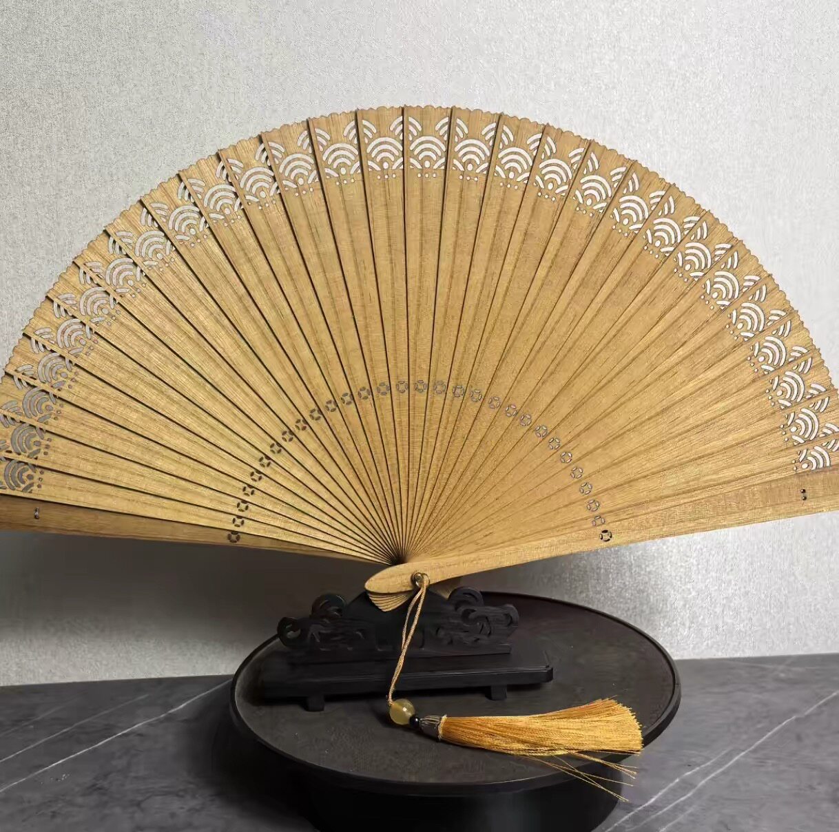 金丝楠小叶桢楠苏扇镂空水浪纹古风折扇中式桌面摆件文玩送礼木扇