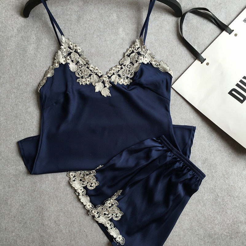 春夏性感刺绣花边丝绸缎吊带短裤睡衣套装女士家居服睡衣女