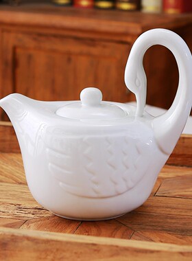 一体成型白色陶瓷天鹅咖啡壶茶壶