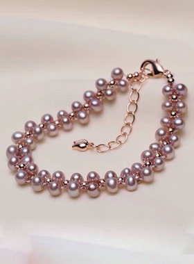 淡水真珍珠手链手饰混彩小米珠紫色白色橙色送女友礼物