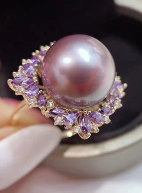 淡水真珍珠戒指大颗粒12-13mm正圆正品强光紫色彩锆指环女友礼物