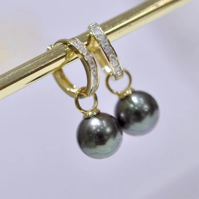 一款多戴大溪地海水黑珍珠耳环耳扣耳饰吊坠9-10MM黑色真珍珠正品