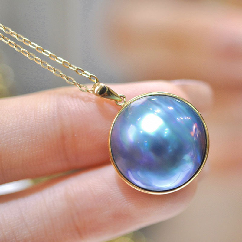 18k金包边蓝色海水马贝珍珠吊坠简约款16-17大颗粒正品强光礼物