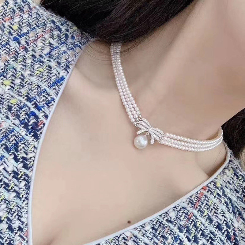 一款多戴淡水真珍珠项链三层5-6MM近圆9-10吊坠正圆强光正品多层