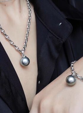 大溪地海水黑珍珠吊坠项链手链套装13-14mm黑色真珍珠正圆猪鼻子