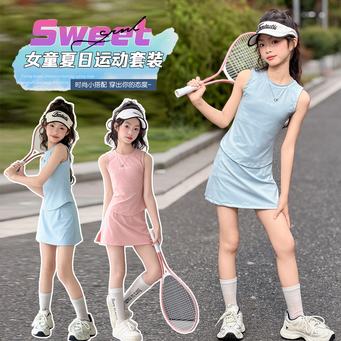 女童户外运动套装夏季新款女孩凉感修身背心上衣儿童夏装运动裙裤