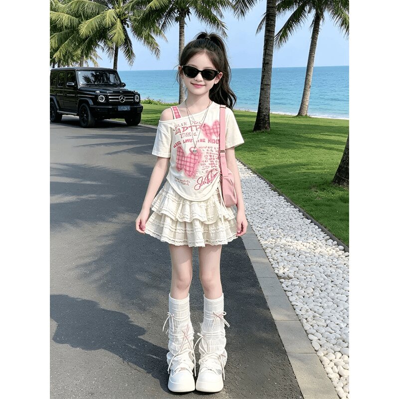 女童夏季斜肩短袖蛋糕裙套装