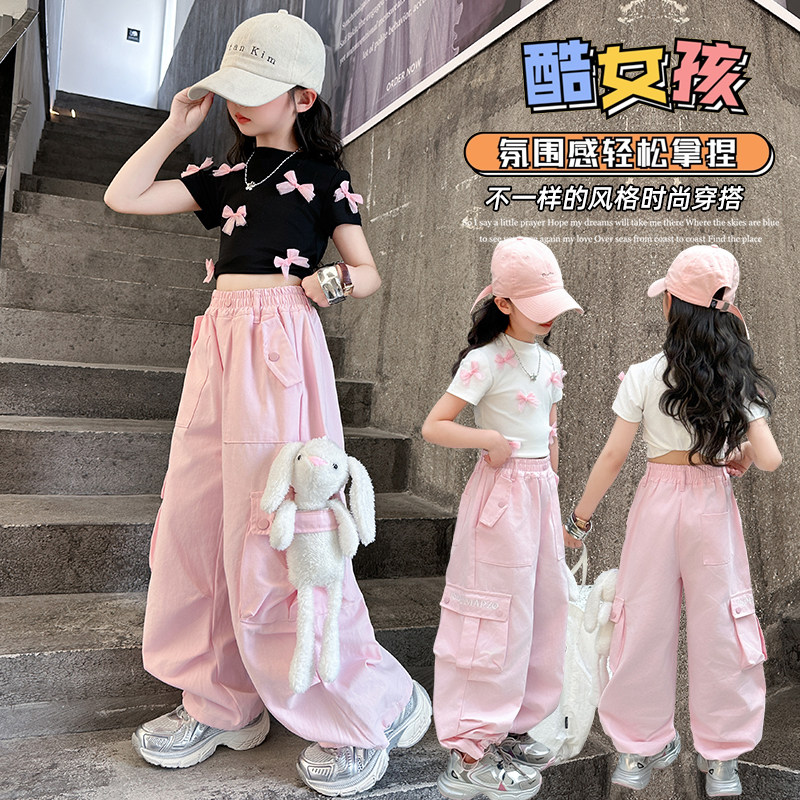 女童蝴蝶结短袖T恤夏季薄款裤子小女孩洋气辣妹工装裤爵士舞套装8