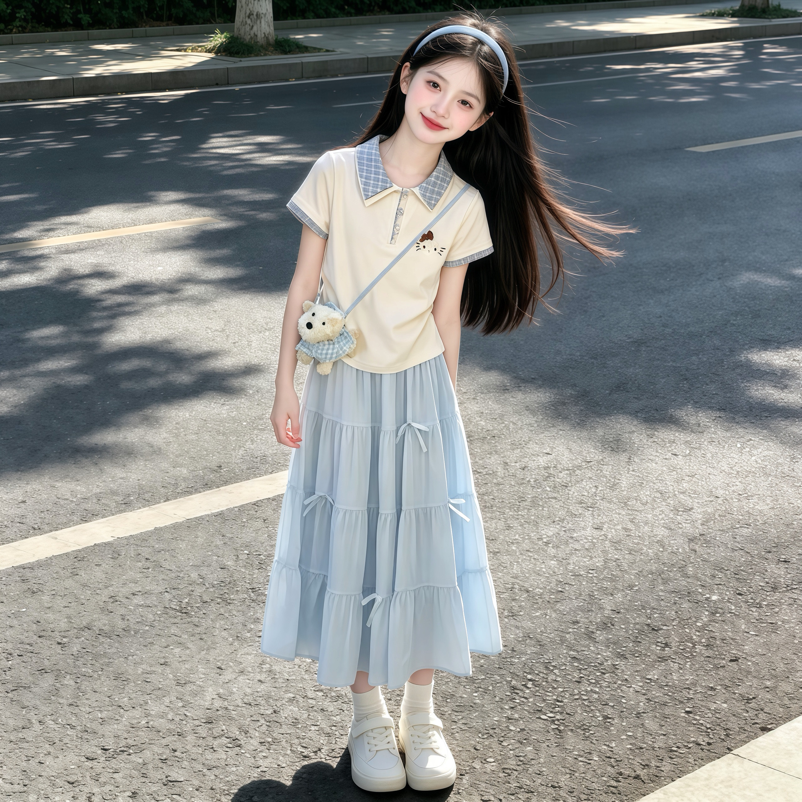 女童夏季套装新款小女孩polo衫短袖T恤甜美上衣儿童夏装半身长裙