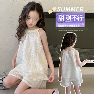女童夏款套装2026新款洋气儿童韩版绣花无袖吊带衫短裤女孩两件套