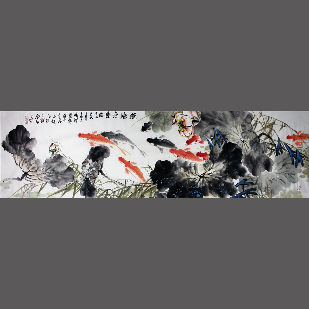 六尺对开茶室客厅办公室挂装饰画 石云轩纯手绘国画荷花柿子紫藤