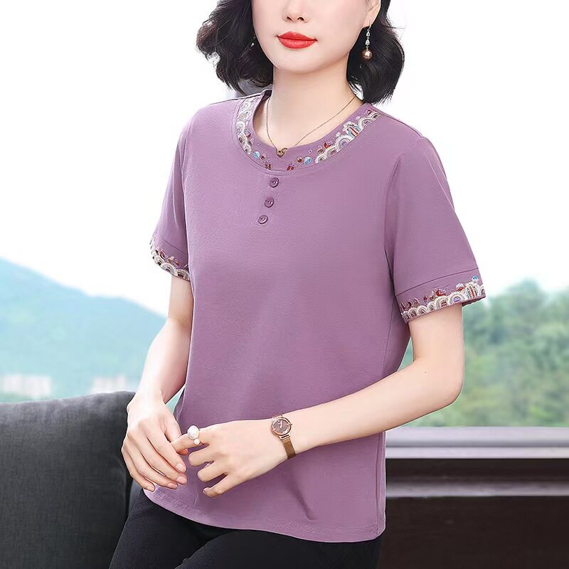 中年妈妈高端绣花纯棉短袖T恤女士夏装新款百搭休闲洋气上衣