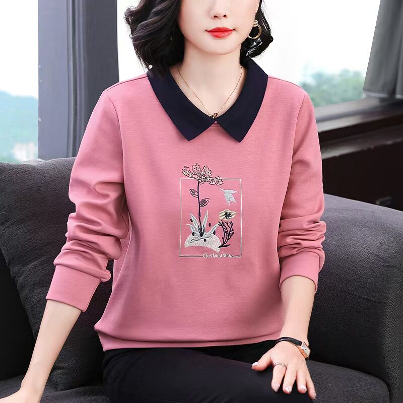 2025年秋季新款长袖女刺绣翻领卫衣小众设计宽松显白妈妈装上衣