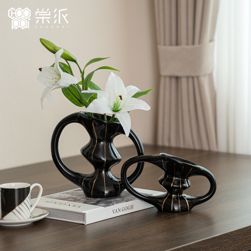 中古艺术几何陶瓷摆件高级感客厅玄关电视柜桌面创意小众花器装饰