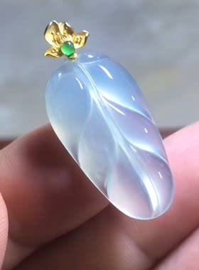 天然缅甸A货玉石挂件18k金镶玉高冰透木那雪花棉金枝玉叶吊坠