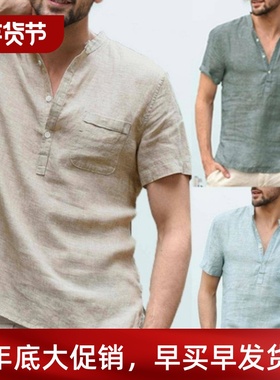 Cotton Linen Short-sleeved Men's T-shirt Collar Buckle