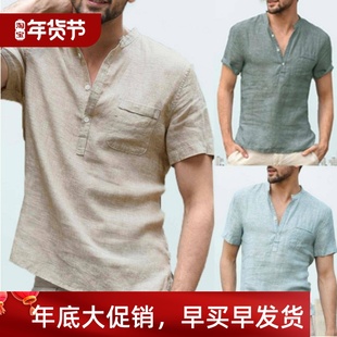 sleeved Men& Collar Linen Buckle shirt Short Cotton x27;s