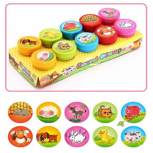 10pcs/Set Children Toy Stamps Cartoon Animals Fruits Traffic