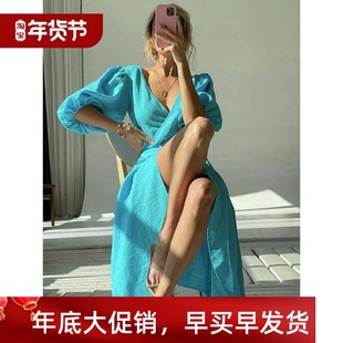 Women Sle Neck Puff Short Elegant Dresses Wrap Long Summer