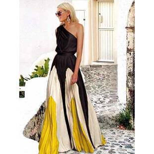 dress时尚 Oblique pleated printed 斜肩印花百褶连衣裙 shoulder