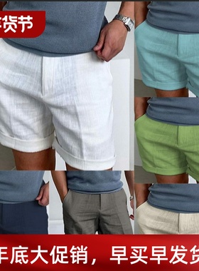 Linen breathable sports shorts夏季男亚麻纯色舒适透气运动短裤