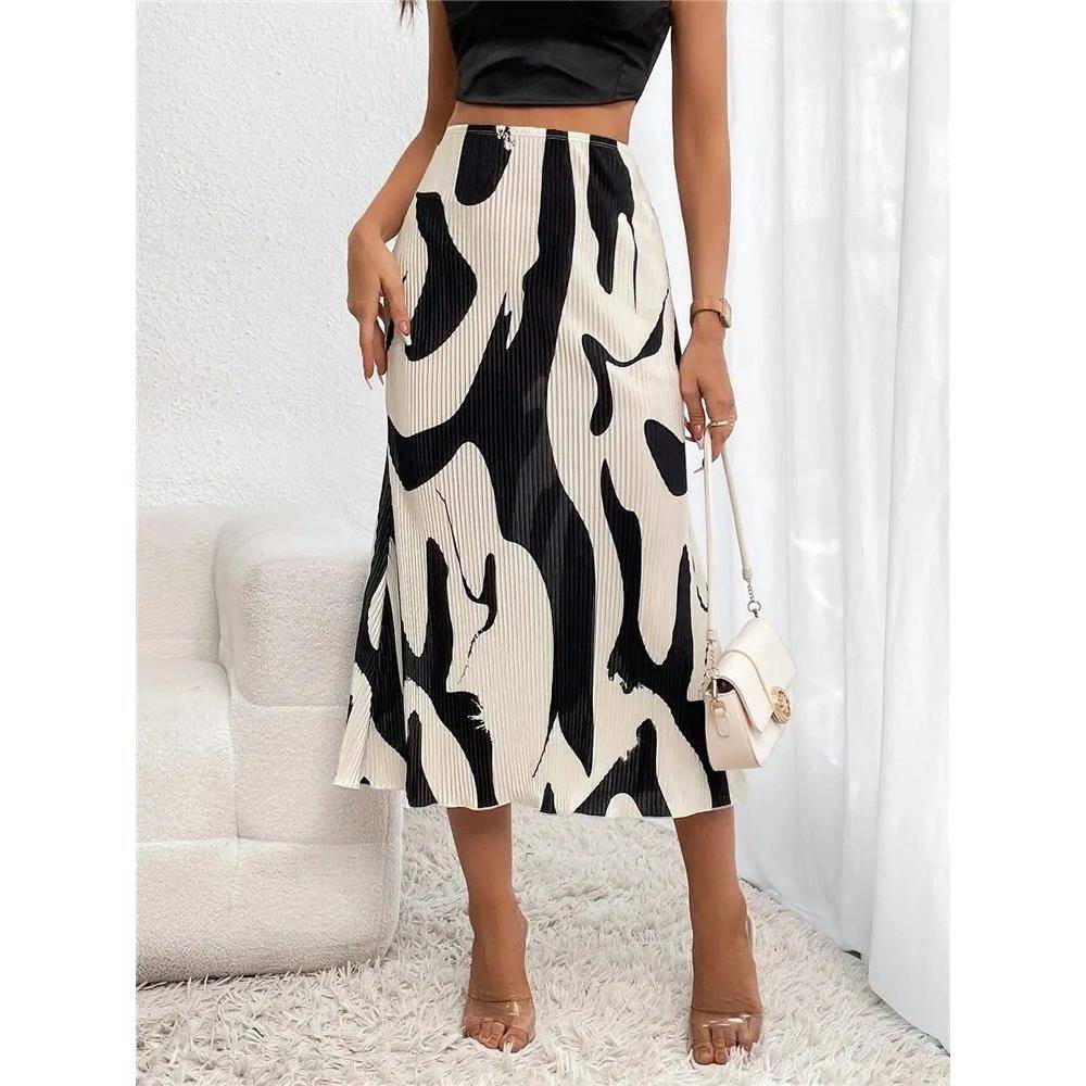 Elegant Graphic Print Pleated Mermaid Skirts for Women Autum图片