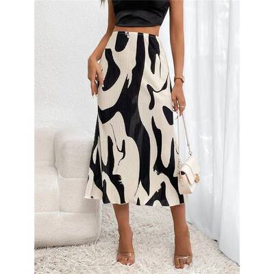 Elegant Graphic Print Pleated Mermaid Skirts for Women Autum