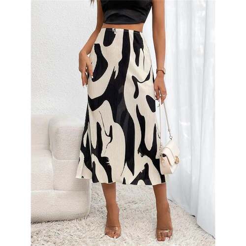 Elegant Graphic Print Pleated Mermaid Skirts for Women Autum
