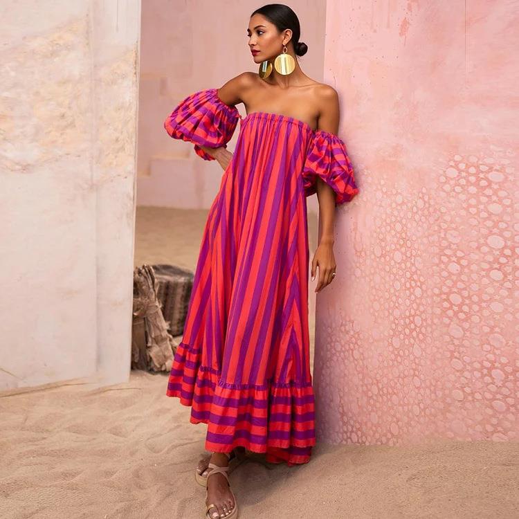 2025 Puff Sleeve Oversized Skirt Hem Orange Striped Beach Va