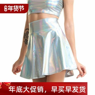 bright pleated leather line skirt性感亮皮百褶半身裙女 Sexy