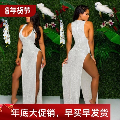 Solid Sleeveless Split Fit Dress性感纯色无袖开叉修身连衣裙女