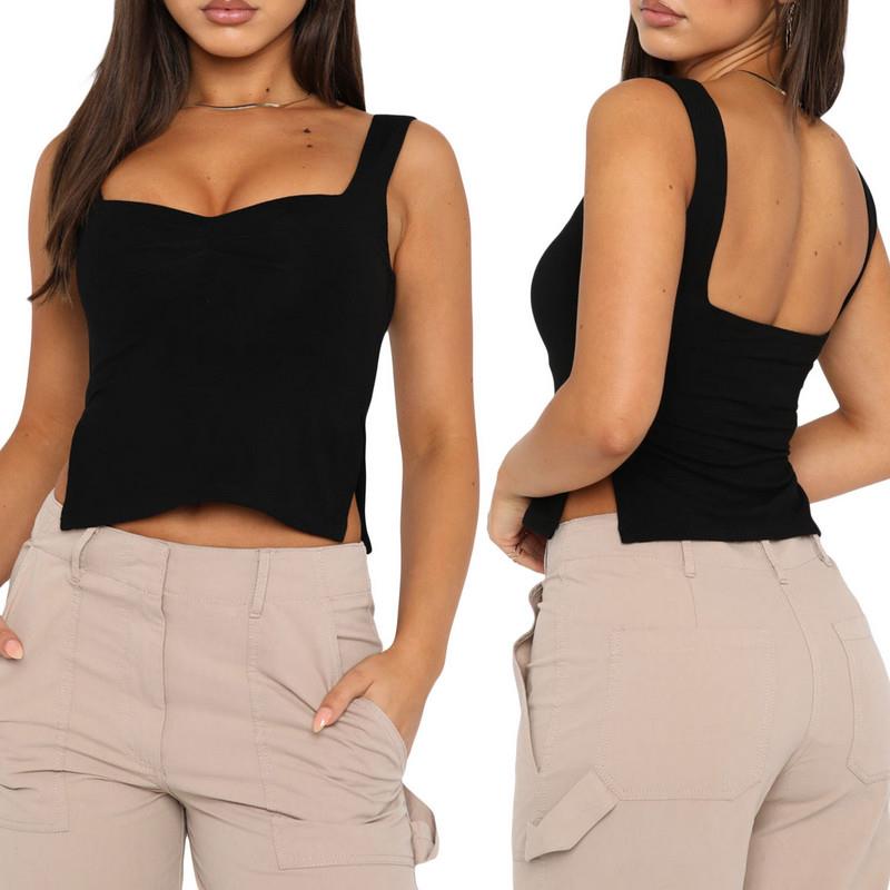 Fashion suspender one-shoulder split vest 吊带一字肩开叉背心