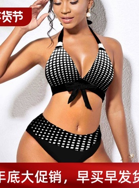 Printed chest knotted split swimsuit印花胸前打结分体泳衣女士