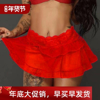 Sexy lace transparent ruffle skirt性感蕾丝透明荷叶边小短裙女