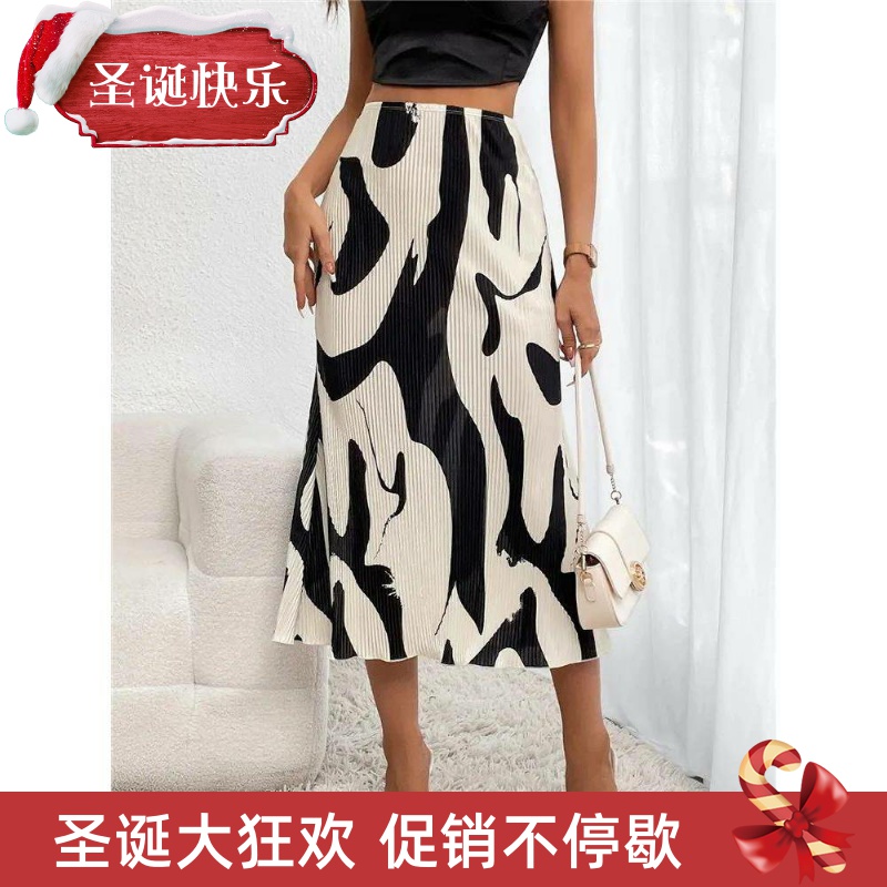 Elegant Graphic Print Pleated Mermaid Skirts for Women Autum