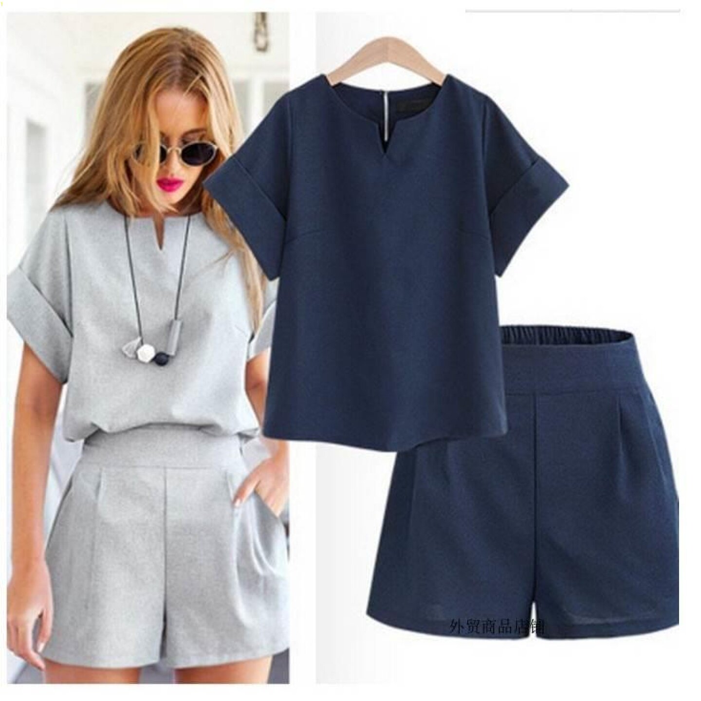 Large size 5xl 女套装ladies shirt shorts two-piece suits图片