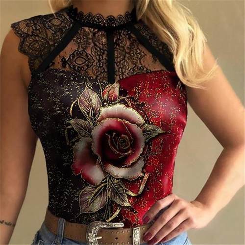Casual printing lace T-shirt for women 休闲印花蕾丝花边T恤女