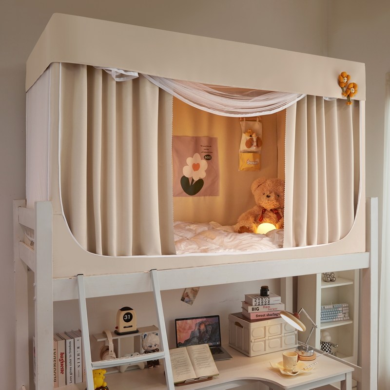 新款加厚防蚊纱帐棉麻强学生宿舍用蚊帐三开门上下铺一体式床帘款