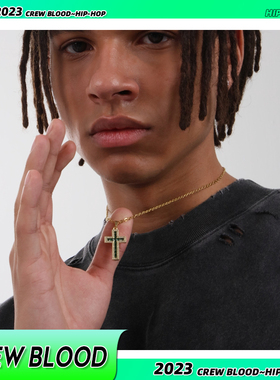 CREW美式绿色锆石镶嵌十字架项链街头嘻哈百搭配饰情侣礼物